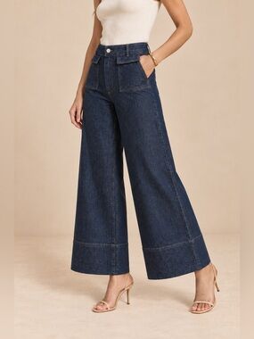 Zara Y2K Dark Wash High Rise Palazzo Wide Leg Patch Pocket Jeans 26” Inseam Crop